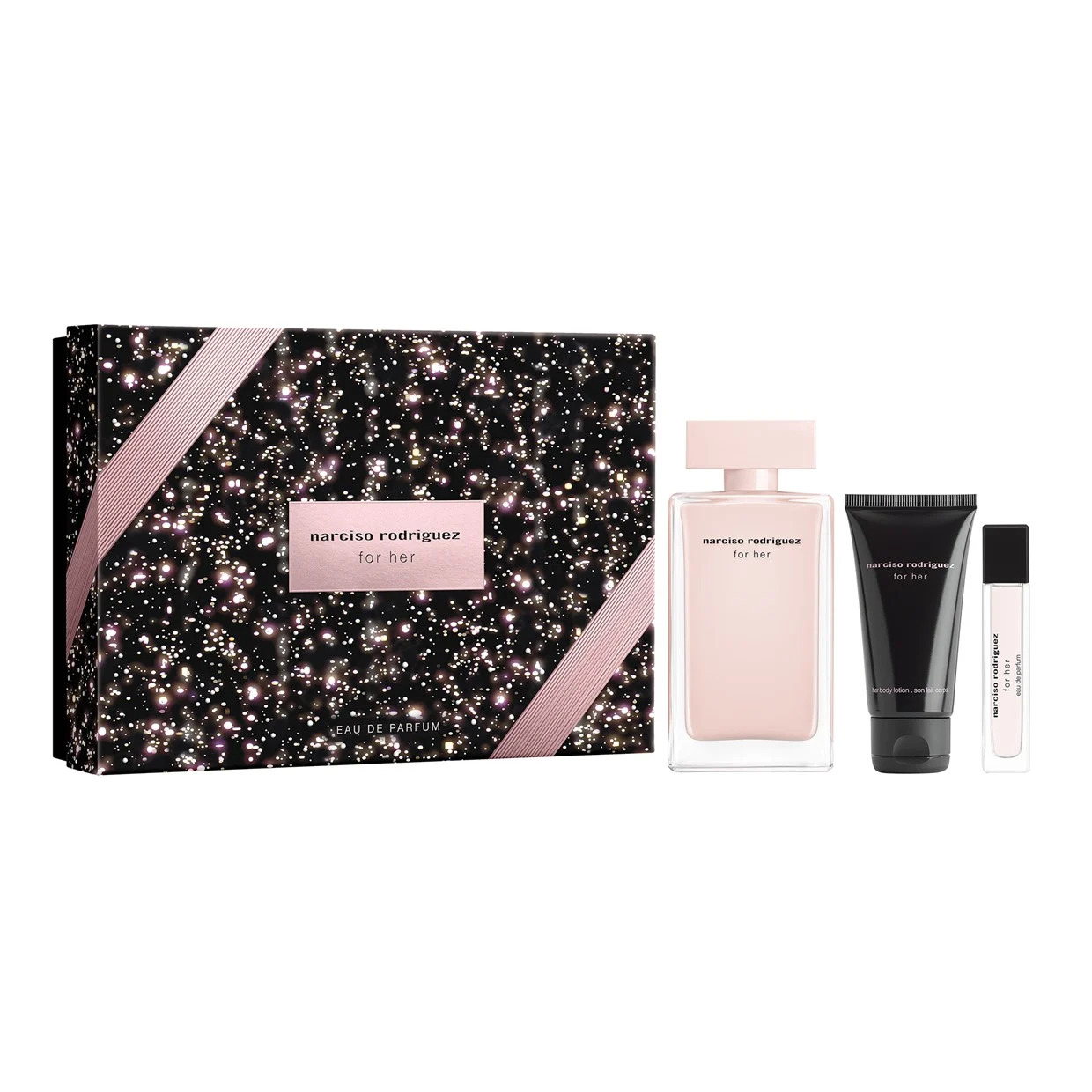 Narciso Rodriguez: Pentru Ea, Eau de Parfum, pentru Femei, 100 ml + Pentru Ea, Hidrantă, Loțiune corporală, 50 ml + Pentru Ea, Eau De Parfum, pentru Femei, 10 ml