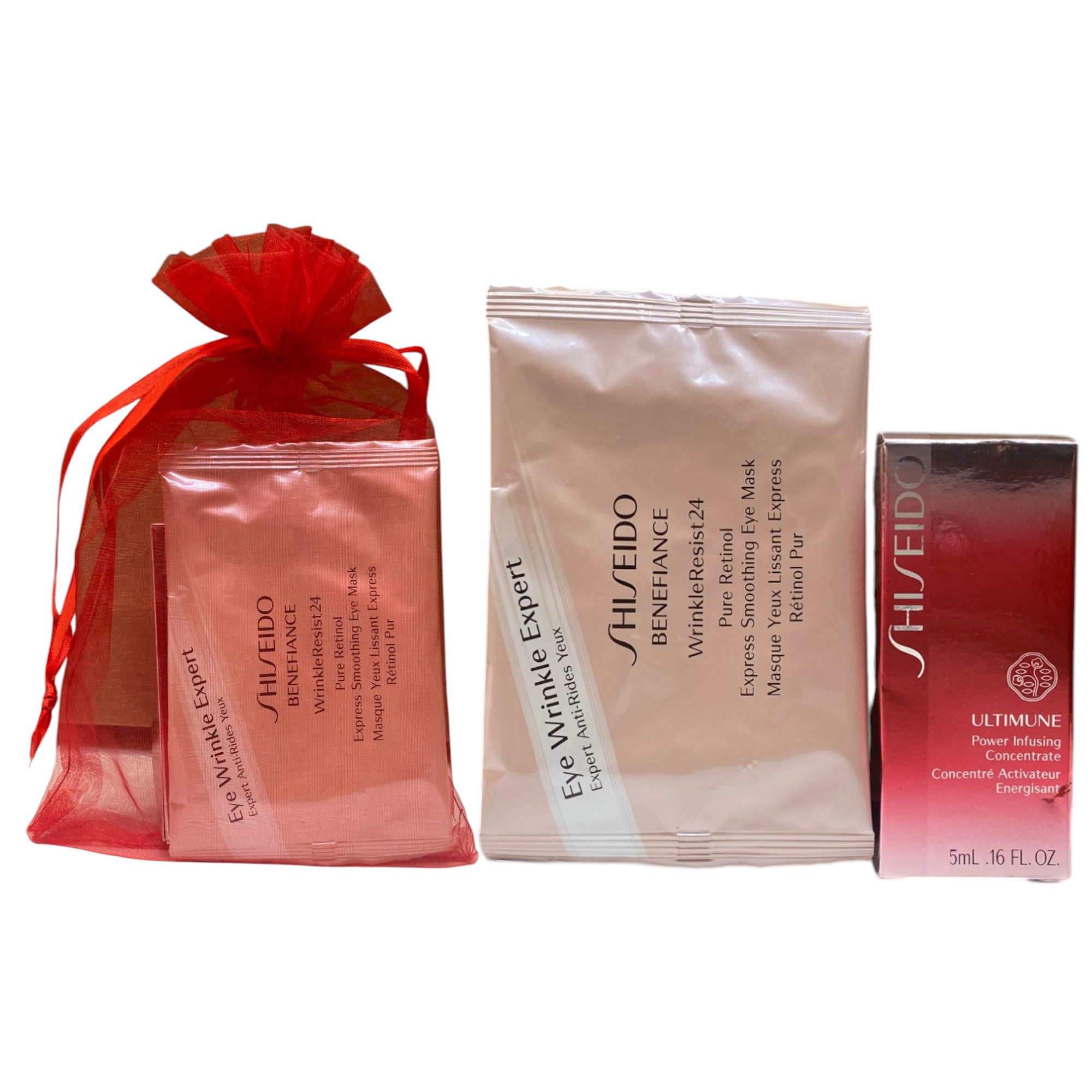 Setul Eye2Eye de la Shiseido: 
Ultimune Power Infuzare, Energie, Serum pentru Față, 5 ml + Benefiance WrinkleResist24, Retinol, Smoănirea Râurilor Finelor sub Ochii, Măști Patch-uri sub-Ochi, 2 x 12 buc.