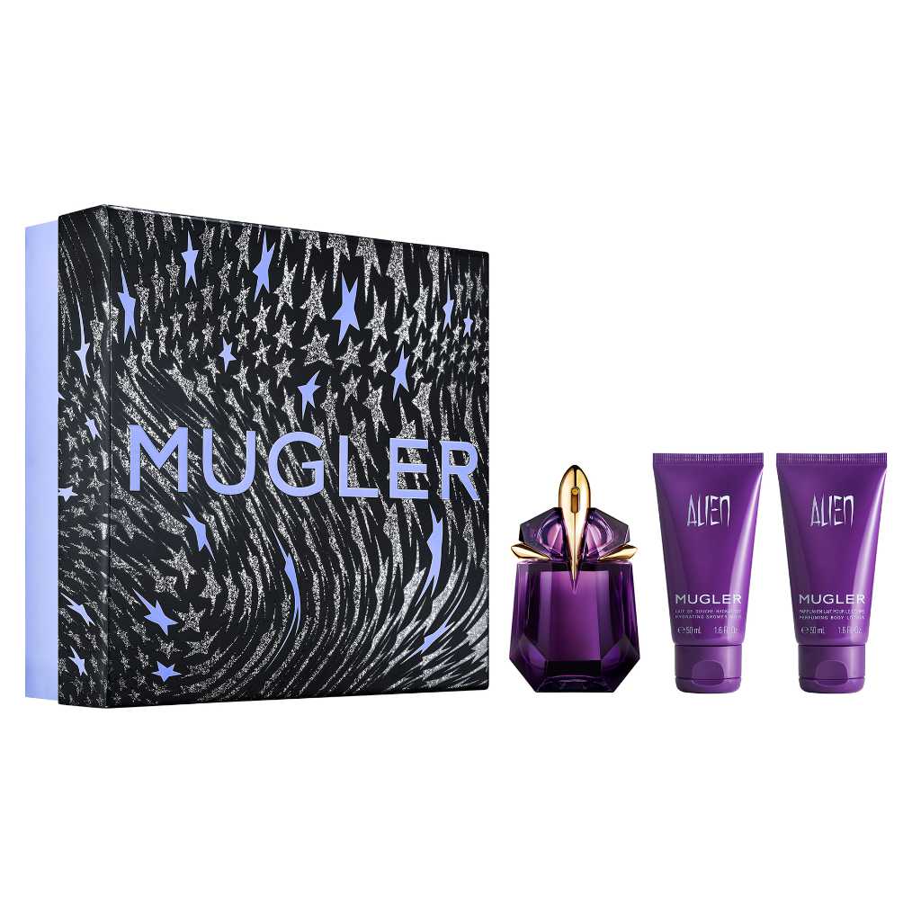 Setul Thierry Mugler: Alien, Eau de Parfum pentru Femei, 30 ml + Alien, Hidratantă, Loțiune corporală, 50 ml + Alien, Geamantan de duș, Toate tipurile de piele, 50 ml