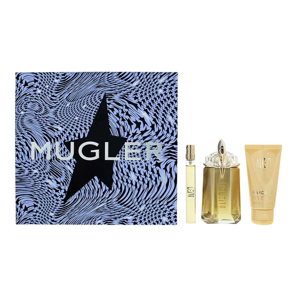 Setul Thierry Mugler: Alien Goddess, Eau de Parfum pentru Femei, 10 ml + Alien Goddess, Eau de Parfum pentru Femei, 60 ml + Alien Goddess, Hidrantă, Loțiune corporală hidratantă, 50 ml