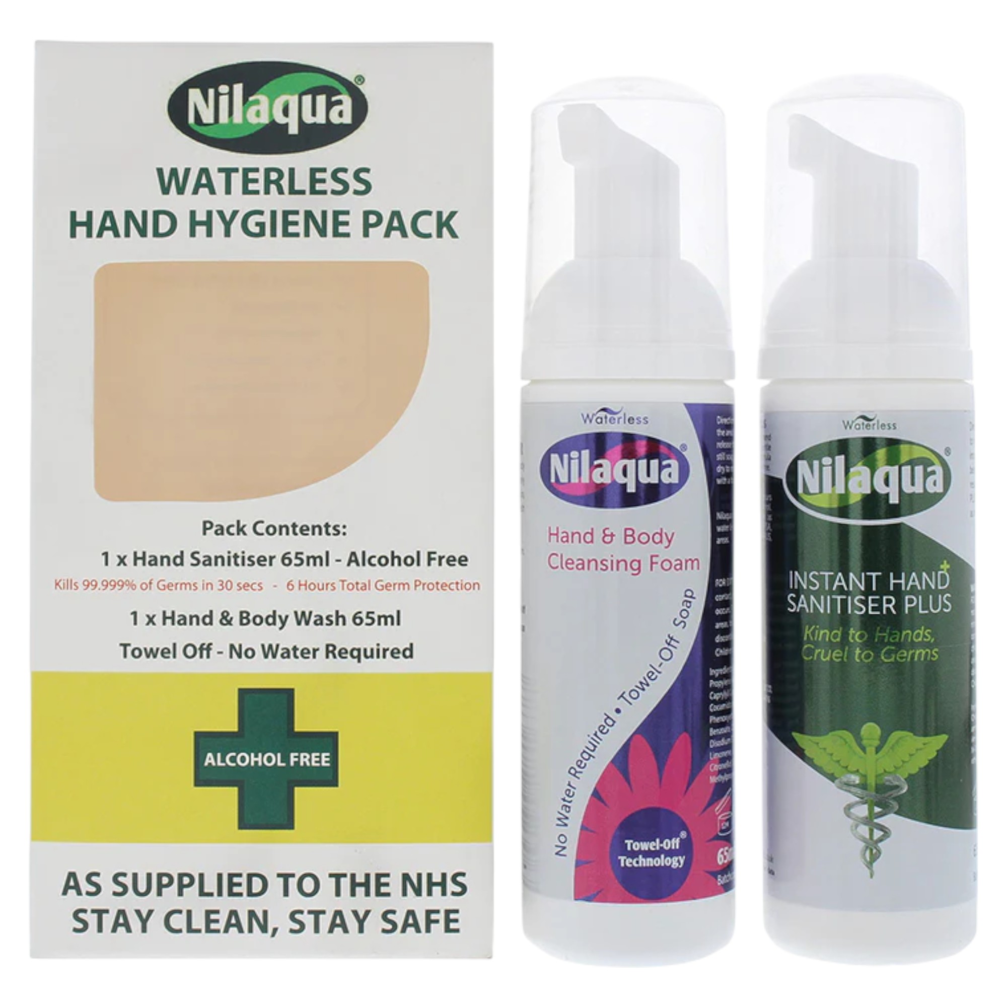 Nilaqua: Su Sızdırmaz, Temizleme, El Jeli, 65 ml + Su Sızdırmaz, Temizleme, Krem, Eller ve Vücut, 65 ml