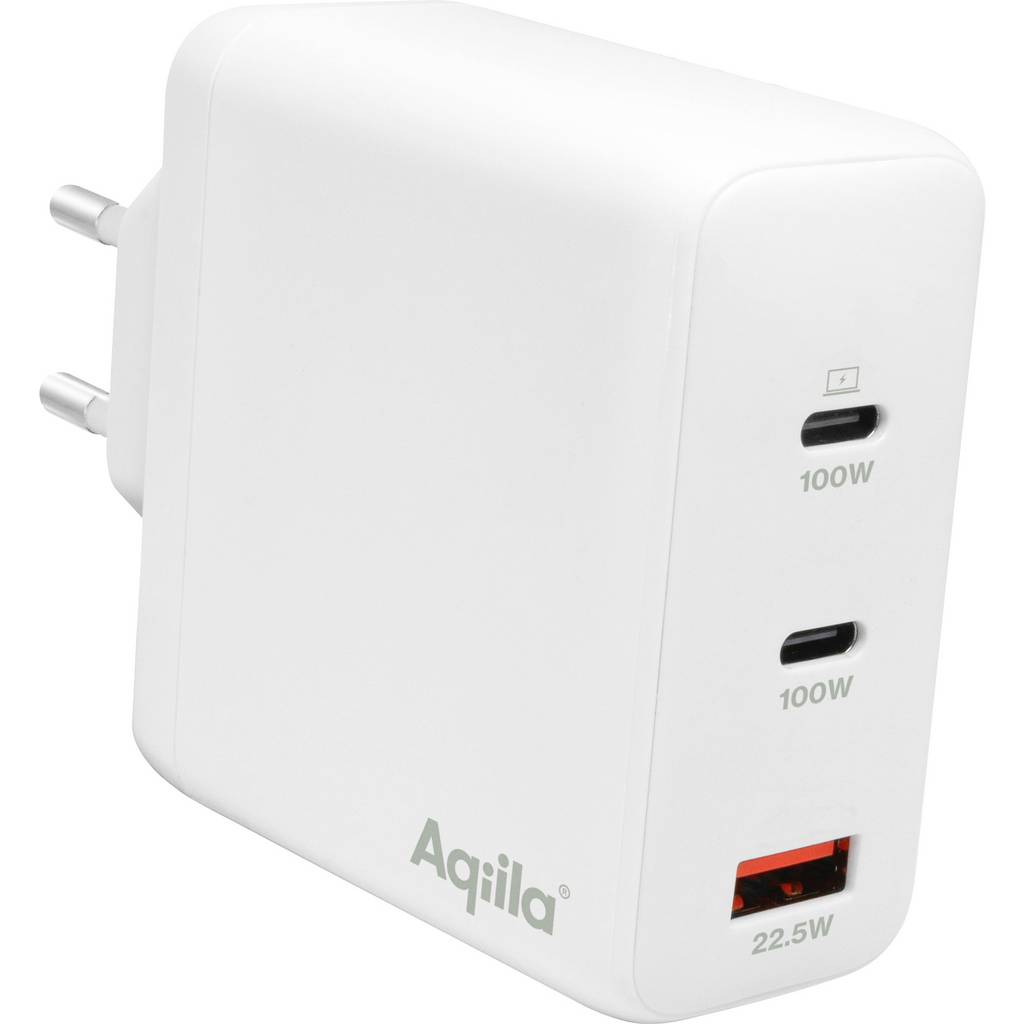 AQİLLA W4 USB Şarj Cihazı 120 Vat, 1 x USB-A, 2 x USB-C ^{®} Güç Teslimatı, AQWCW4PBI120W928