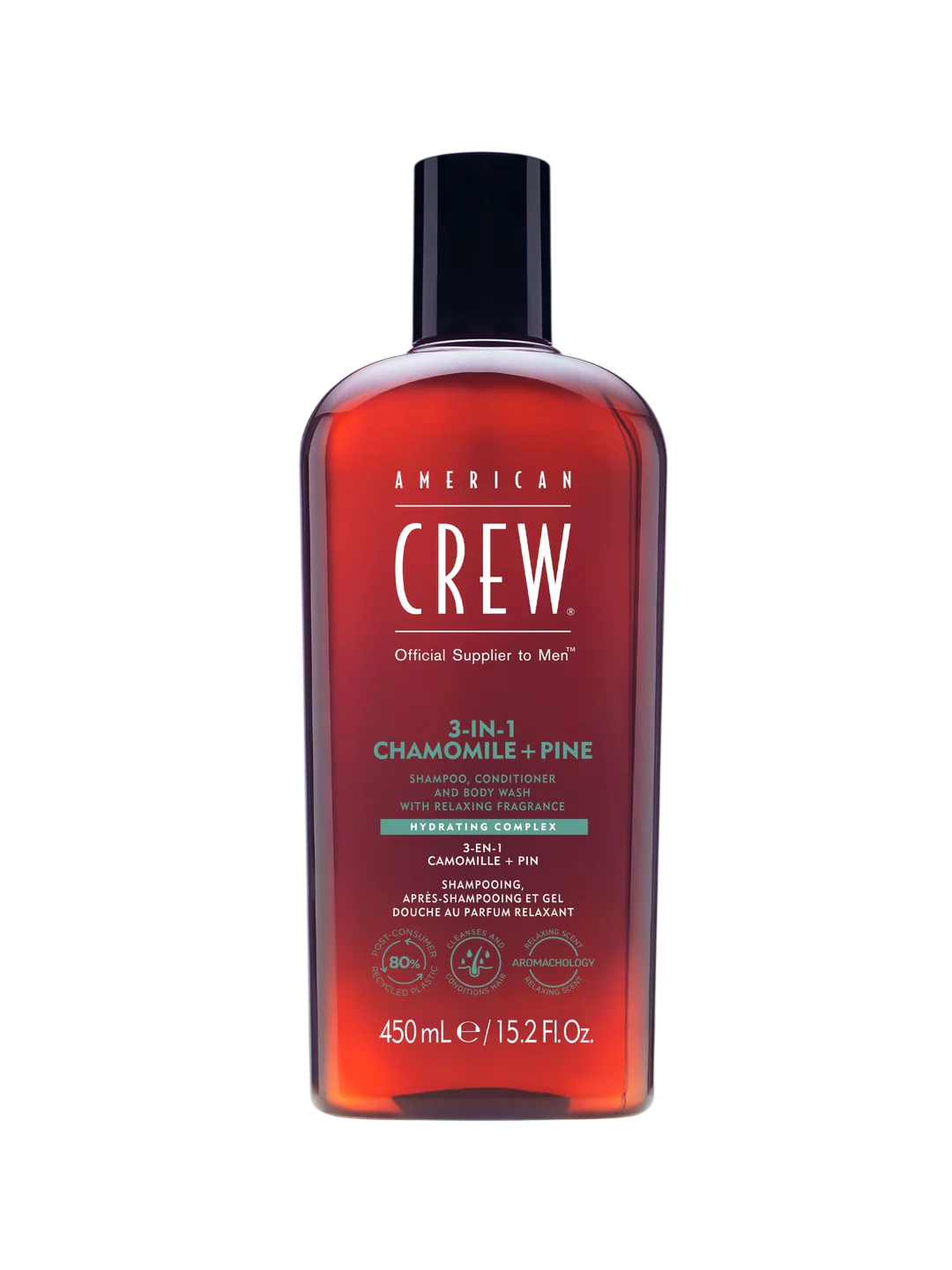 American Crew, Șampon cu Muștar de Tei, Camemilă și Pin, pentru Păr - Șampon, Condiiționator și Geamăn de Duș 3-in-1, Hidrantare, 450 ml.