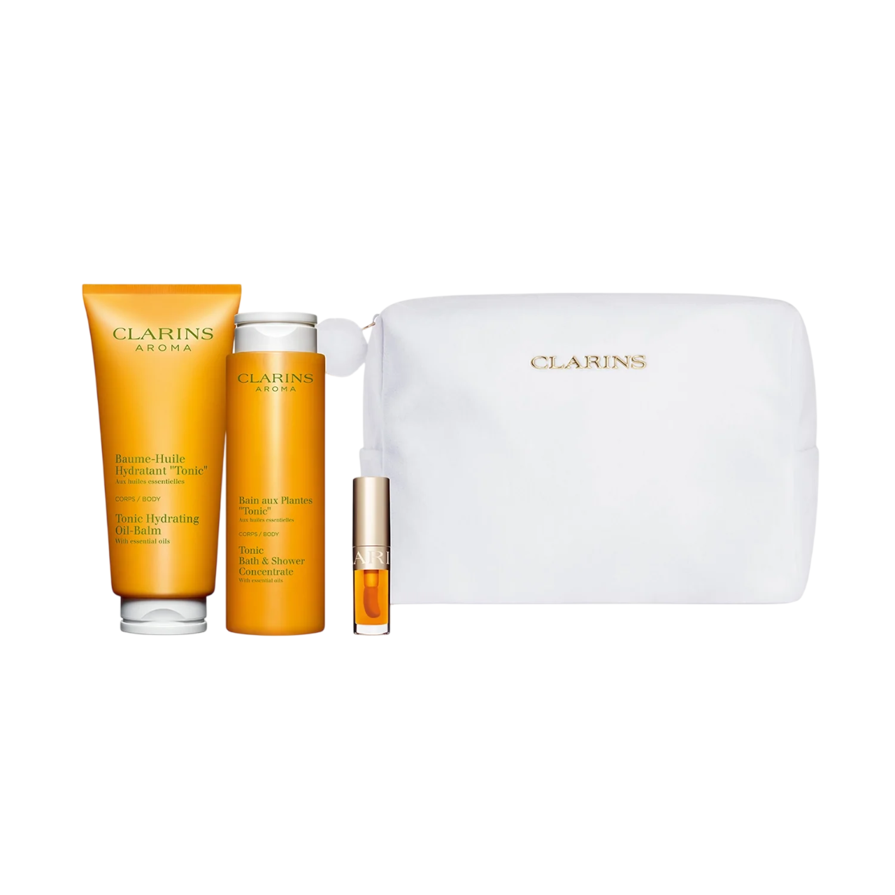 Set Clarins: Aromă, Uleiuri Esențiale, Hidrant, Ulei Corporel, 200 ml + Aromă, Uleiuri Esențiale, Gel de Dus, Pe Tot Corpul, 200 ml + Confort Lip, Ulei pentru Buze, 01, 1,4 ml *Miniatură + Clarins, Pungă cu Zip, Pachet Textil GWP, Alb