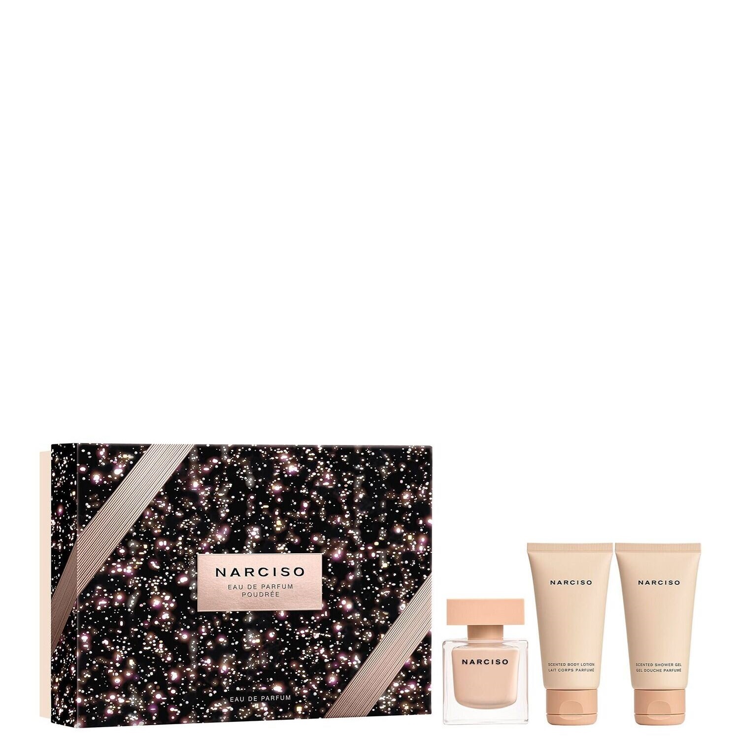 Setul Narciso Rodriguez: 
Narciso Poudree, Eau De Parfum, Pentru Femei, 50 ml
+ Narciso Poudree, Hydrating, Lotion Corporelă, 50 ml
+ Narciso Poudree, Cleansing, Gel de Dus, Pe Tot Corpul, pentru Toate Tipurile de Piele, 50 ml
