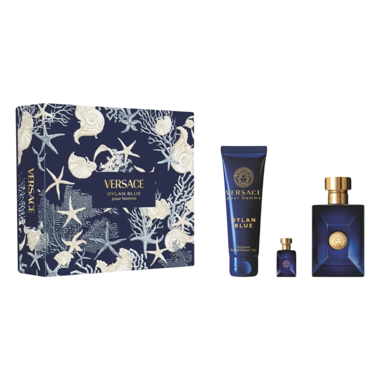 Set Versace: Dylan Blue, Eau De Toilette, For Men, 100 ml + Dylan Blue, Eau De Toilette, For Men, 5 ml + Dylan Blue, Shower Gel, For All Skin Types, 150 ml
