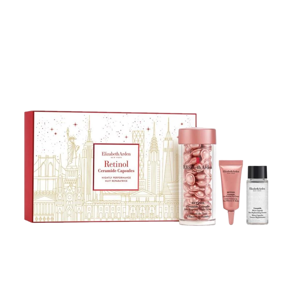 Set Elizabeth Arden: Retinol, Ceramide, Reduces Fine Lines & Wrinkles, Serum Capsules, Face, 60 pcs + Ceramide, Retinol, Smoothing, Eye Cream, 5 ml + Retinol + HPR Ceramide, Renewing, Water Cream, For Face, 15 ml