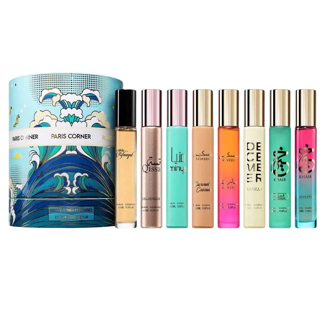 Set Paris Corner: Taskeen Marina, Eau De Parfum, Unisex, 15 ml + Taskeen Caramel Cascade, Eau De Parfum, Unisex, 15 ml + December Vanilla, Eau De Parfum, Unisex, 15 ml + Khair Confection, Eau De Parfum, Unisex, 15 ml + Khair Pistachio, Eau De Parfum, Unisex, 15 ml + Minya, Eau De Parfum, Unisex, 15 ml + Rifaaqat, Eau De Parfum, Unisex, 15 ml + Qissa Delicious, Eau De Parfum, For Women, 15 ml