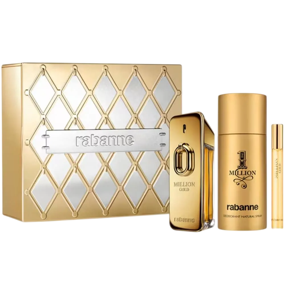 Set Paco Rabanne: 
Million Gold, Eau de parfum pentru bărbați, 100 ml
+ Million Gold, Eau de Parfum, Pentru Bărbați, 10 ml
+ 1 Million, Spray anti-transpirant și deodorant, Pentru Bărbați, 150 ml
