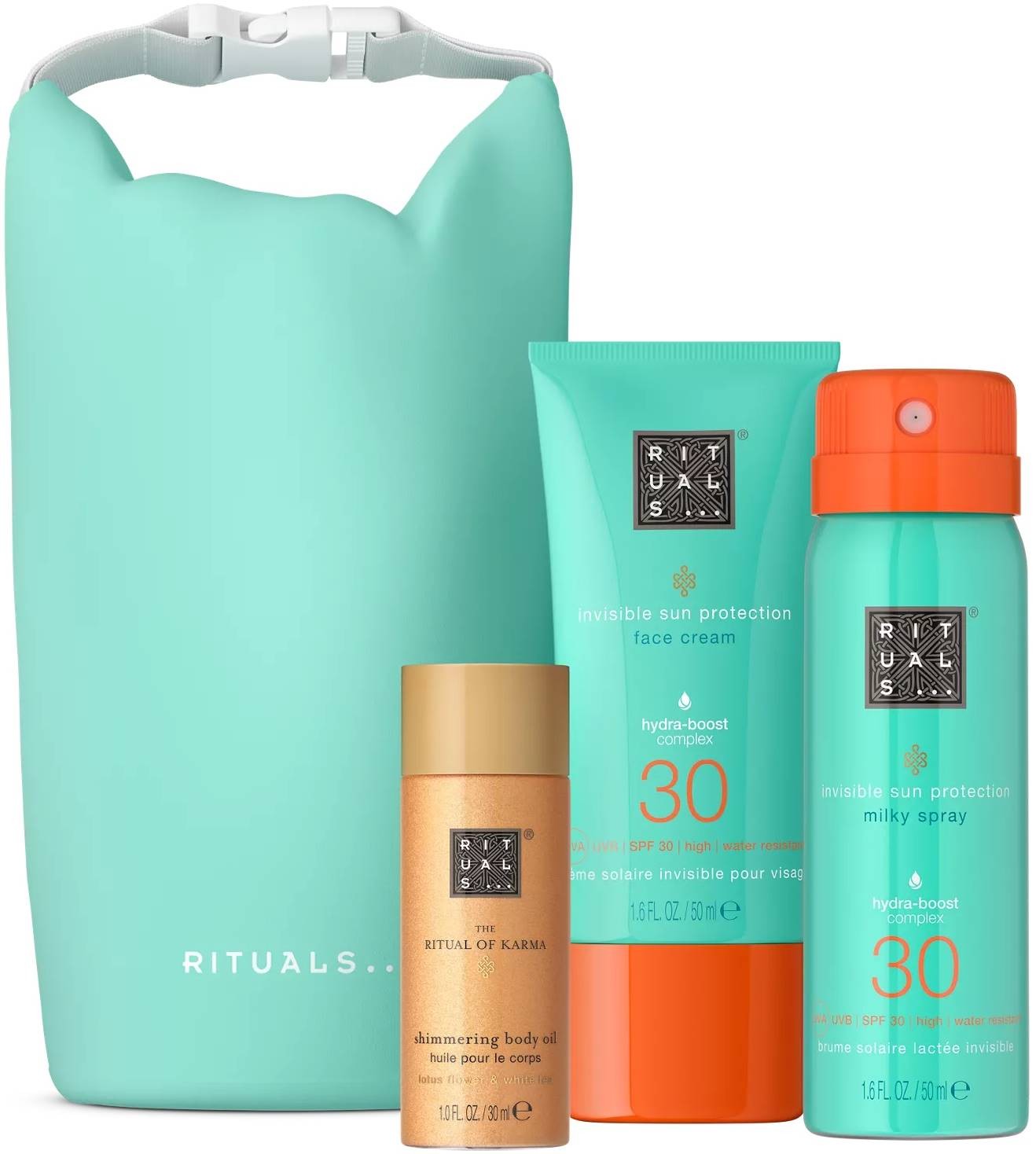 Set Rituals: The Ritual Of Karma, Shimmer, Body Oil, 30 ml + The Ritual Of Karma, Sun Protection, Cream, For Face, SPF 30, 50 ml + The Ritual Of Karma, White Tea, Sun Protection, Sunscreen Spray, SPF 30, 50 ml