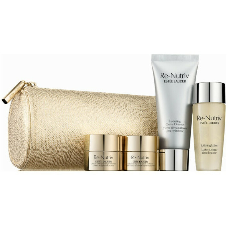 Setul Deluxe Estee Lauder: Re-Nutriv, Crema de hidratare și curățare, 30 ml + Re-Nutriv - Ultimate Lift Regenerating Youth, Strește/Liftat și Radiant, Dimineața & Noaptea, Crema pentru față, 7 ml + Re-Nutriv - Ultimate Lift Regenerating Youth, Mai strălucitor și Liftat, Dimineața & Noaptea, Crema de ochi, 7 ml + Re-Nutriv, Fără alcool, Lichidifiant, Dim