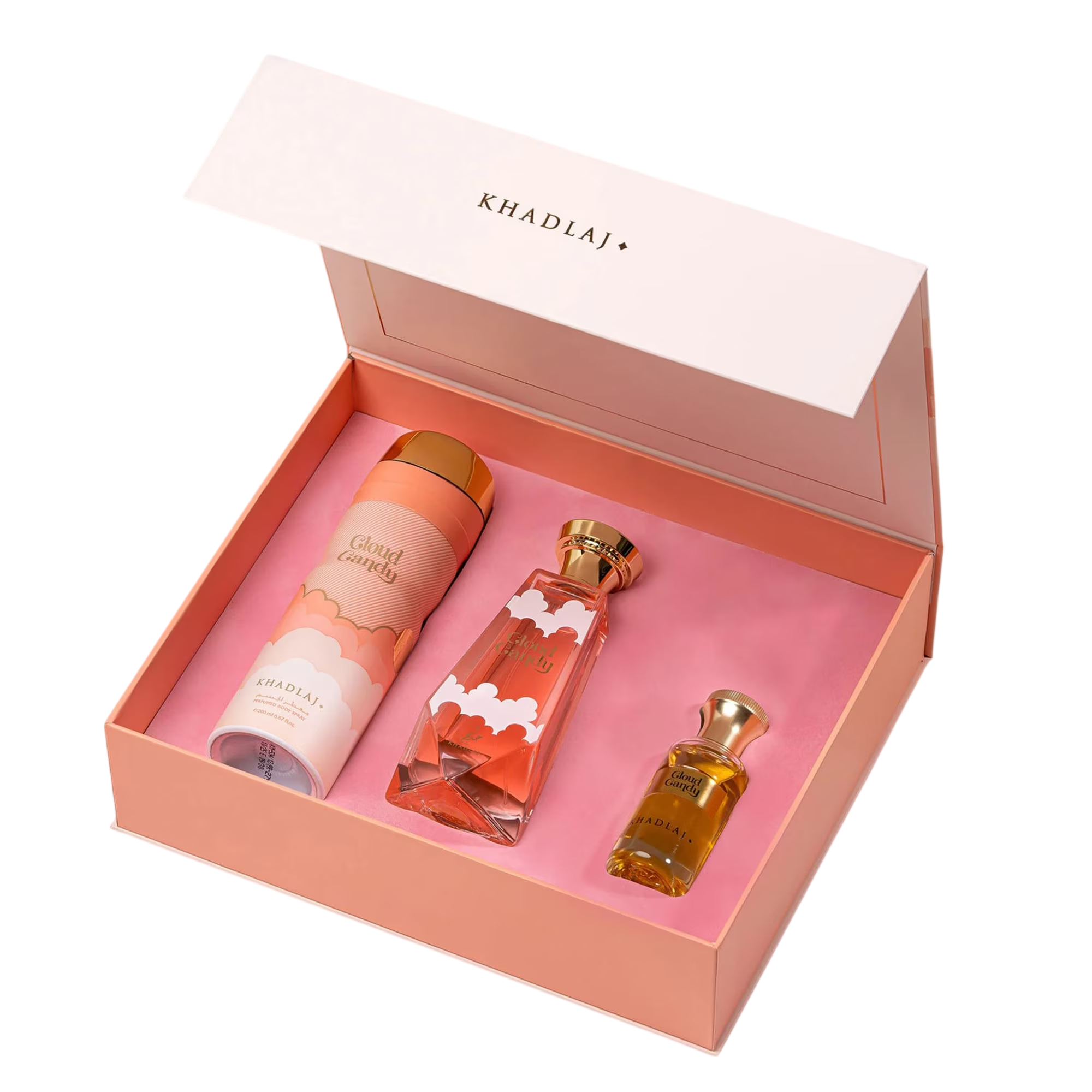 Set Khadlaj: 
- **Cloud Candy**, Elixir de parfum, Neutru, 100 ml
- **Cloud Candy**, Sprăiante pentru corp, Femeie, 200 ml
- **Cloud Candy**, Ulei de parfum, Neutru, 25 ml