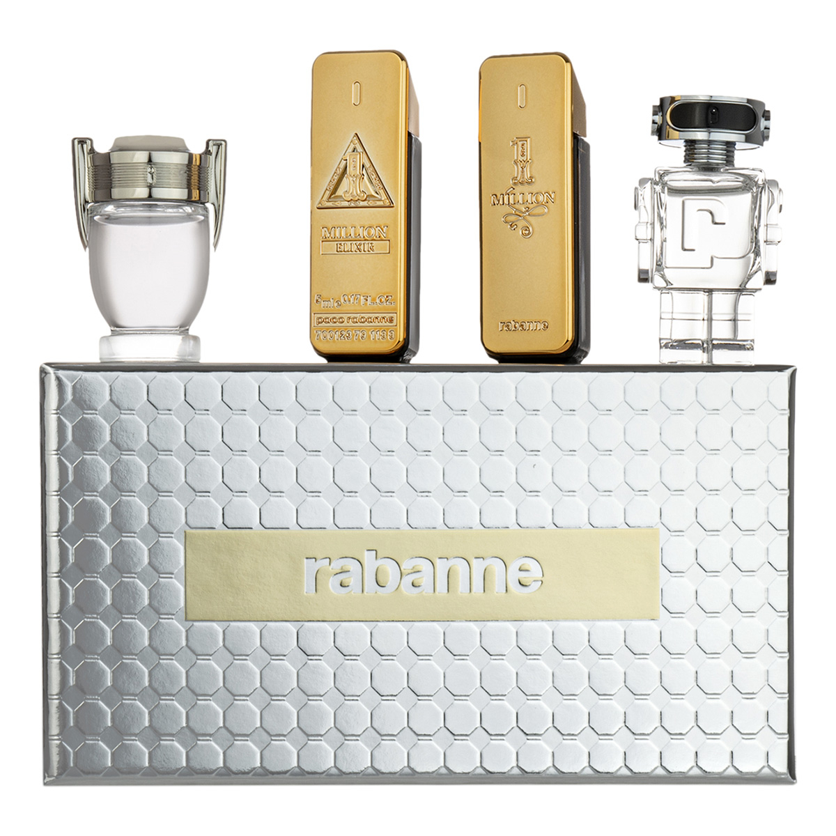 Set Paco Rabanne: 
* 1 Million Elixir, Parfum pentru Bărbați, 5 ml **miniatură** 
+ Phantom, Eau De Toilette pentru Bărbați, 5 ml **miniatură** 
+ Invictus, Eau De Toilette pentru Bărbații, 5 ml **miniatură** 
+ 1 Million, Eau De Toilette pentru Bărbați, 5 ml **miniatură**