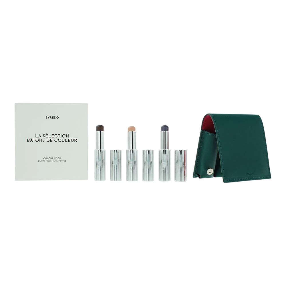 Setul Teal Adânc de Byredo: Sticla de culoare, multifuncțională, sticla pentru sprânceană, 509, Solar Flare, 3,5 g + Sticla de culoare, multifuncțională, sticla pentru sprânceană, Kumato Față, 3,5 g + Sticla de culoare, multifuncțională, sticla pentru sprânceană, Flower Play, 3,5 g + Byredo, Pachetul GWP Leather Pouch