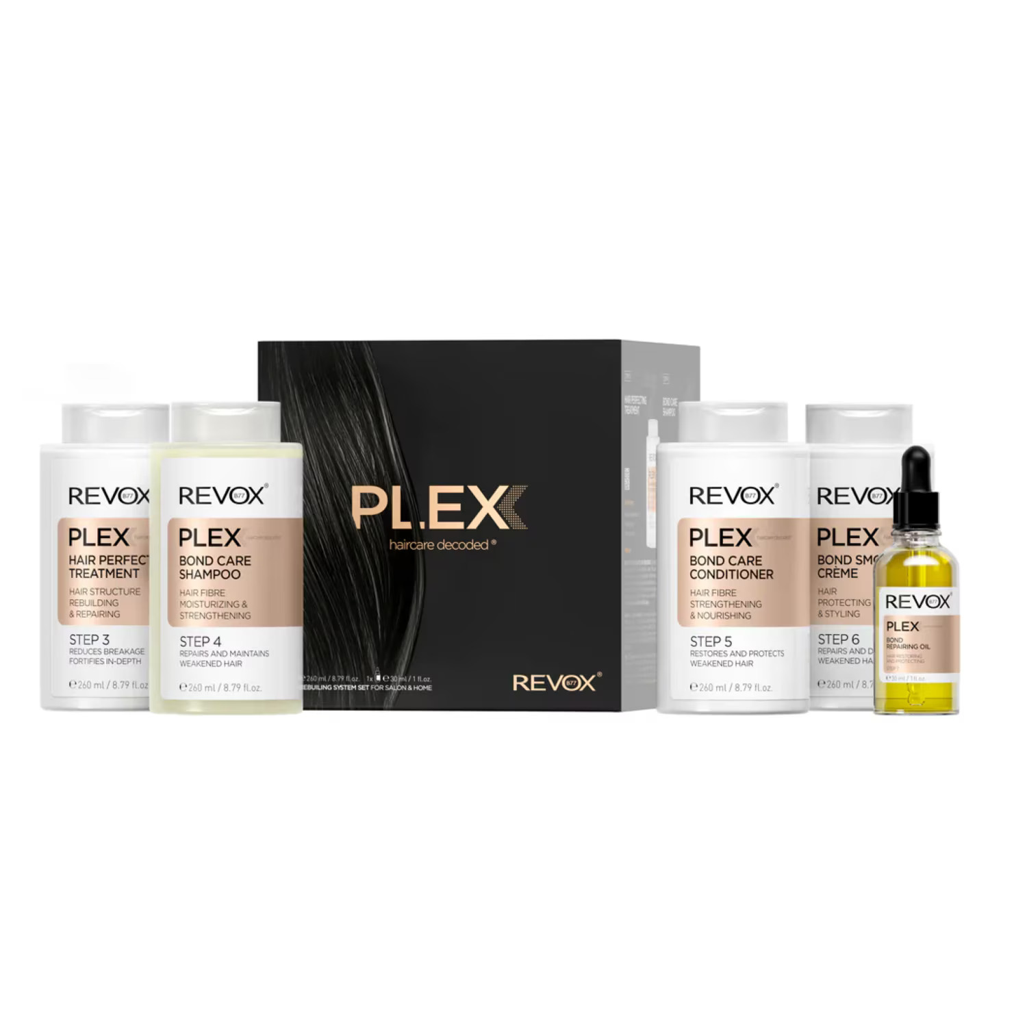Revox B77: 
Plex Bond Adım 3, Saç Krem Tedavisi, Kırılma Önleme, 260 ml + Plex Bond Adım 4, Saç Şampuanı, Güçlendirme İçin, 260 ml + Plex Bond Adım 5, Saç Nemlendirici, Onarır, 260 ml + Plex Bond Adım 6, Saç Krem Tedavisi, Tamir Ediyor, 260 ml + Plex Bond Adım 7, Saç Yağı Tedavisi, Bağ İyileştirme, 30 ml