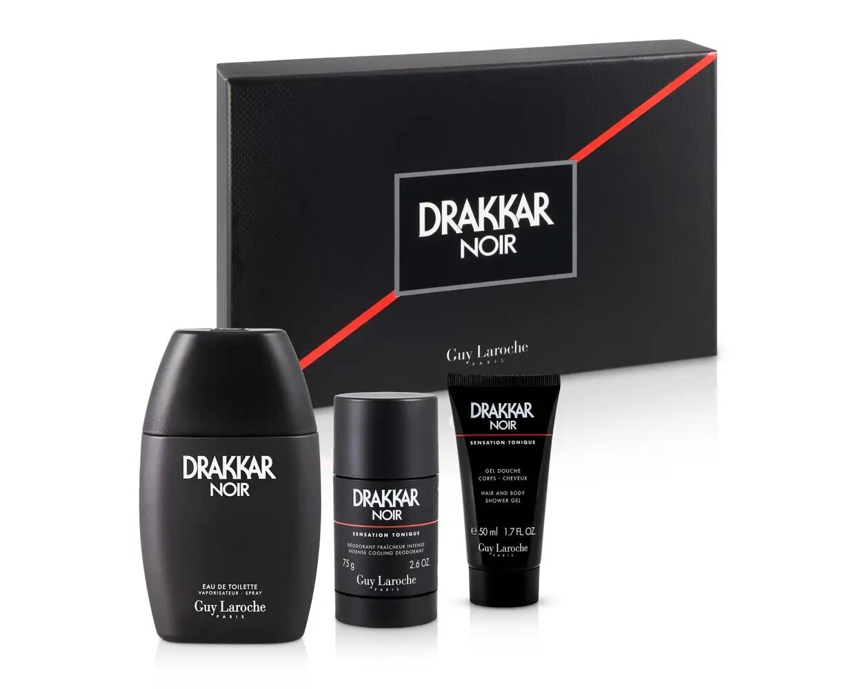 Set Guy Laroche: 
Drakkar Noir, Eau de Toaletă, Pentru Bărbați, 100 ml
+ Drakkar Noir, Curățare, Gel de Duș, pentru toate tipurile de piele, 50 ml
+ Drakkar Noir, Anti-transpirant, Spray de Deodorant, Pentru Bărbați, 150 ml