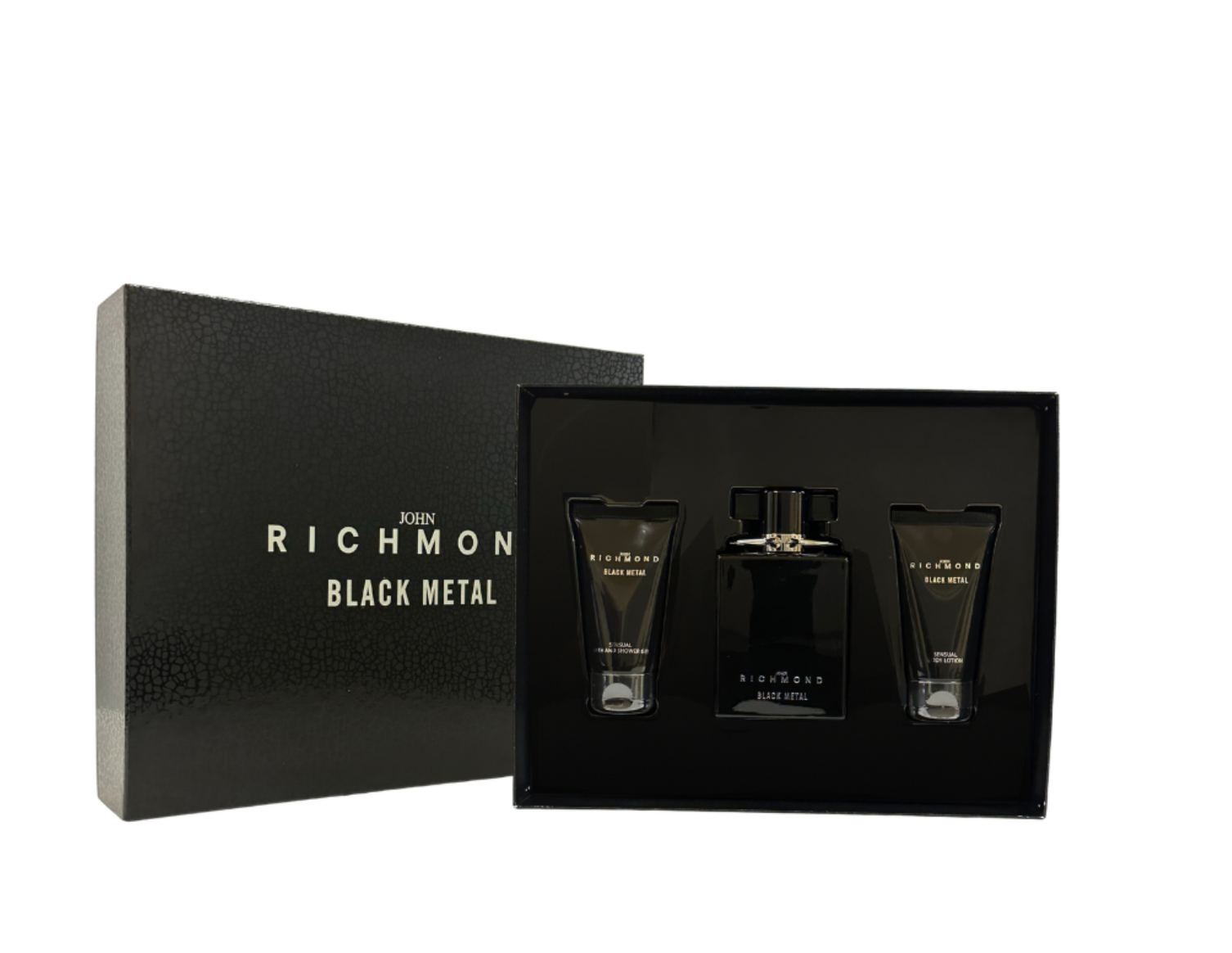 Setul John Richmond: 
* Black Metal, Gel de curățare naturală, 50 ml
* Black Metal, Lichid corporal, 50 ml
* Black Metal, Parfumat pentru bărbați, Eau De Parfum, 100 ml