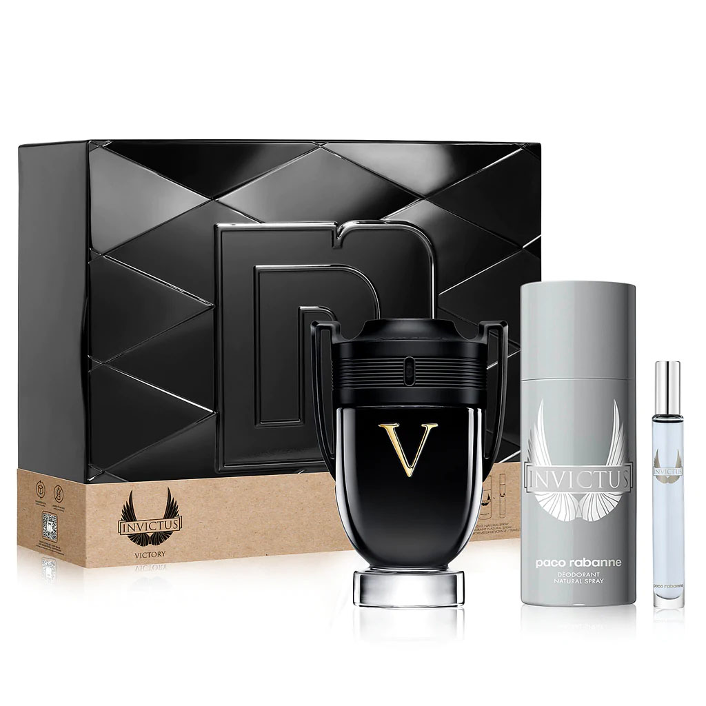 Set Paco Rabanne: Invictus Victory, Eau de parfum pentru bărbați, 100 ml + Invictus Victory, Eau de parfum pentru bărbați, 10 ml + Invictus Victory, Spray deodorant pentru bărbați, 150 ml