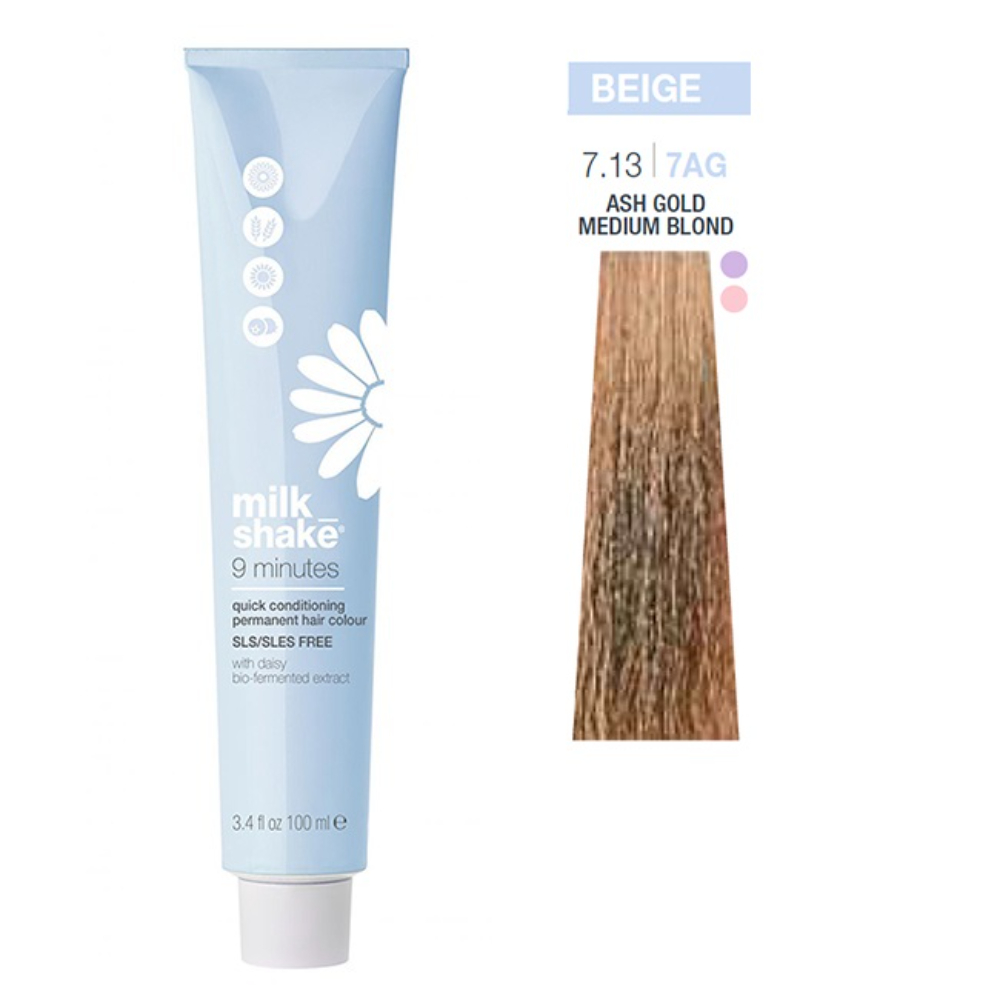 Milk Shake, 9 Minutes, Permanent Hair Dye, 7.13 Biondo Cenere Dorato, 100 ml