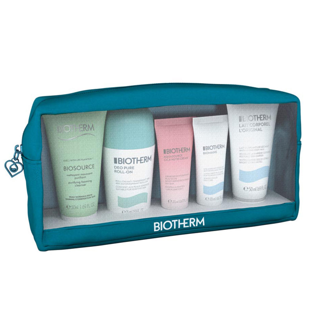 Set Biotherm: 
Biotherm, Nemlendirici, Vücut Suyu, 50 ml + Biosource, Kirlenmiş Maddeleri Eliminerler, Temizleme Jeli, 50 ml + Deo Pure, Ruhlandırıcı, Kolonya Roll-On, Kadınlar İçin, 50 ml + Biomains, Nemlendirici, El Kremini, Jasmin, 20 ml + Aquasource Cica Nutri, Ruhlandırıcı, Krem, Yüz için, 20 ml