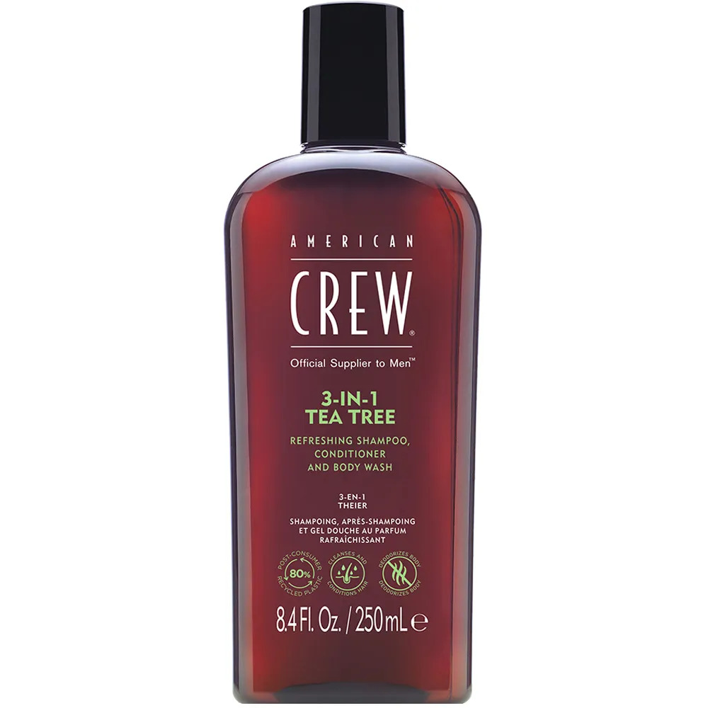 Crema American Crew, Șampon cu ulei de trandafir (Tea Tree), Ulei de Trandafir (Tea Tree Oil) pentru păr, Șampon și Gel de duș 3-în-1, Pentru hidratare, 250 ml
