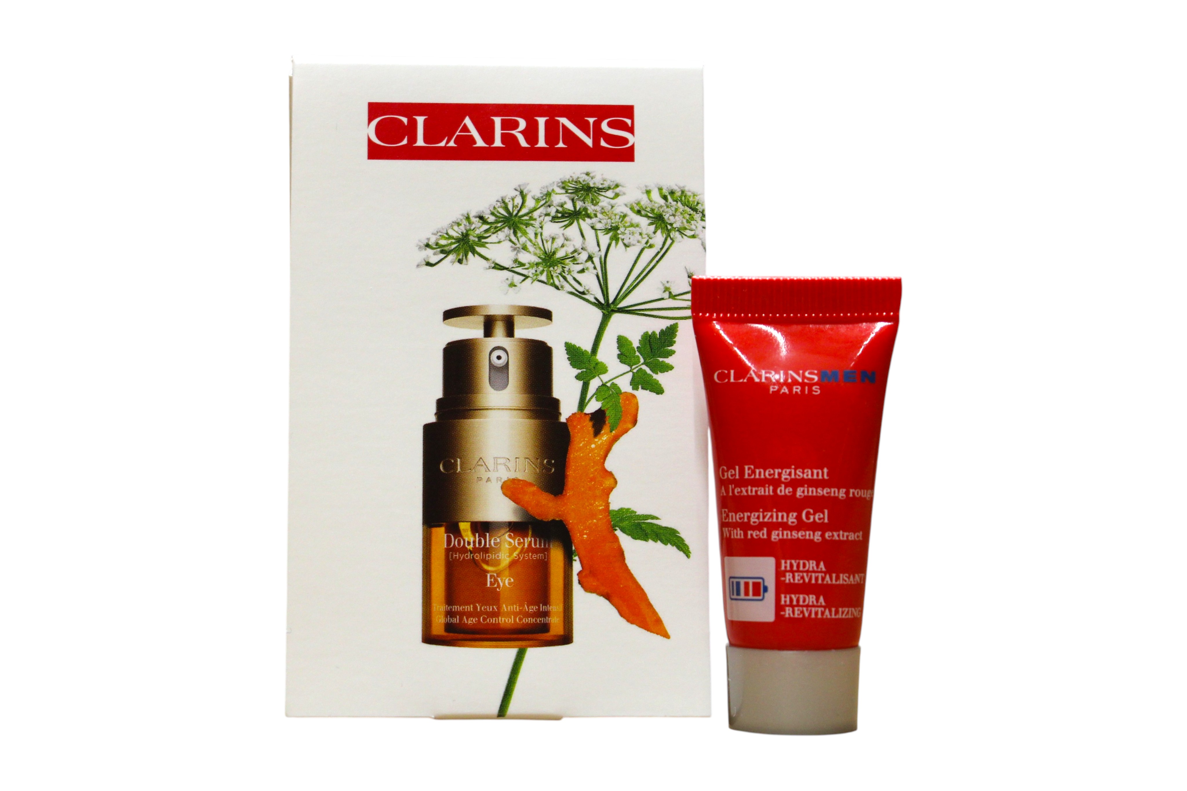 Setul Clarins: Bărbați, Energie, Zi și Noapte, Gel, Pentru Față, 5 ml * Miniatură + Double Eye, Anti-Ageing, Serumen pentru ochi, 3 ml *Miniatură + Clarins, Pachet de textile GWP, Albastru