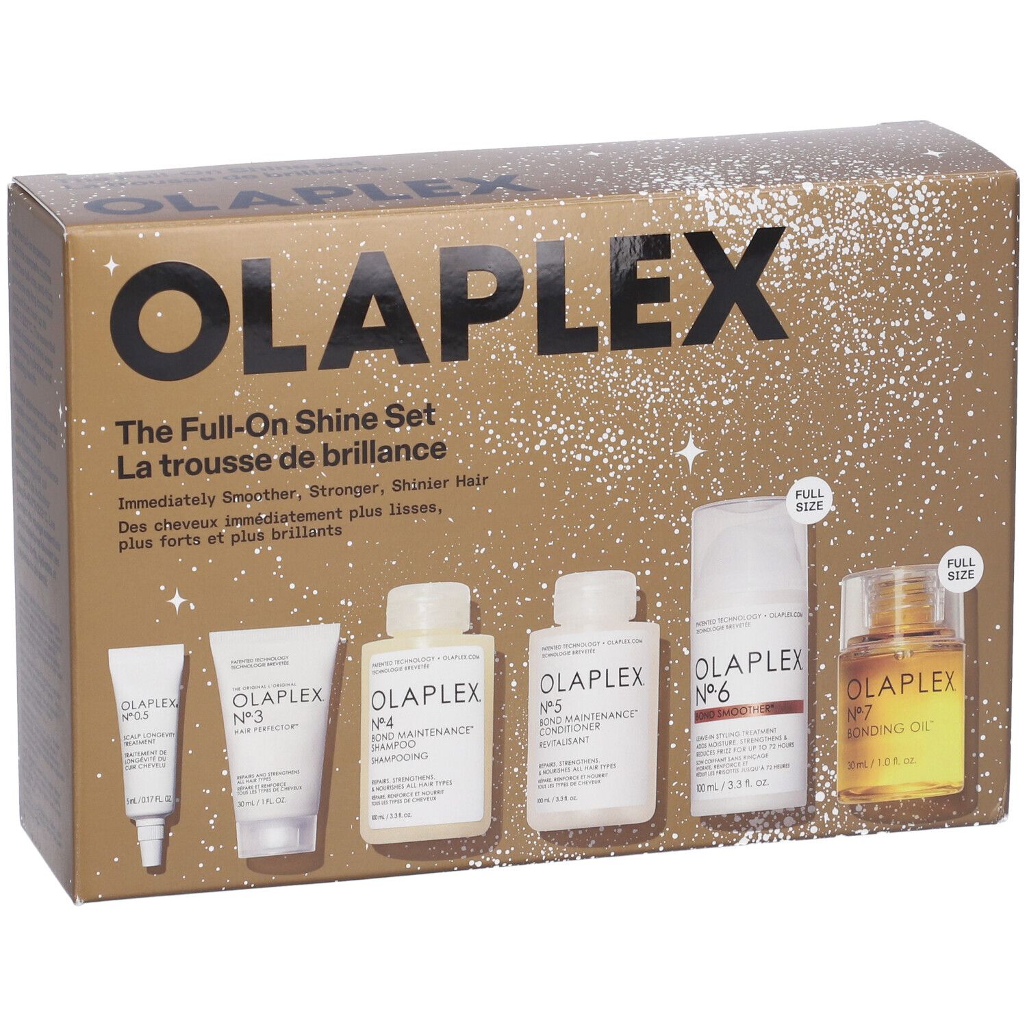 Full-On Shine Set Olaplex: No.6 Bağ Düzeltici, Saç Stiliği Kremi, 100 ml + No.3 Saç Tamiri, Saç Kremi Tedavisi, Yenilenme İçin, 30 ml + No.4 Bağ Bakımı, Saç Şampuanı, Onarım ve Güçlendirme, 30 ml + No. 0.5 Deri Uzunluğu Tedavisi, Deri Lotion Tedavisi, Hidrasyon İçin, 5 ml + No