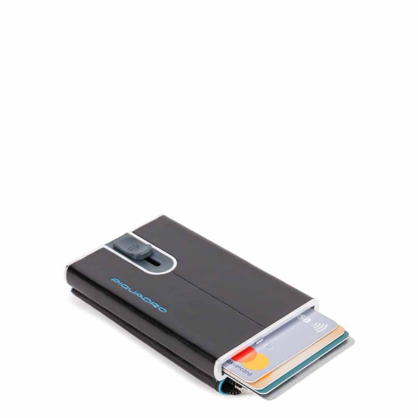 Piquadro, Blue Square, Suport de cardouri din piele, Sistemul cu deschidere laterală și poșetă pentru monede închisă cu țintă, PP5359B2R-N, Negru, Pentru Bărbați