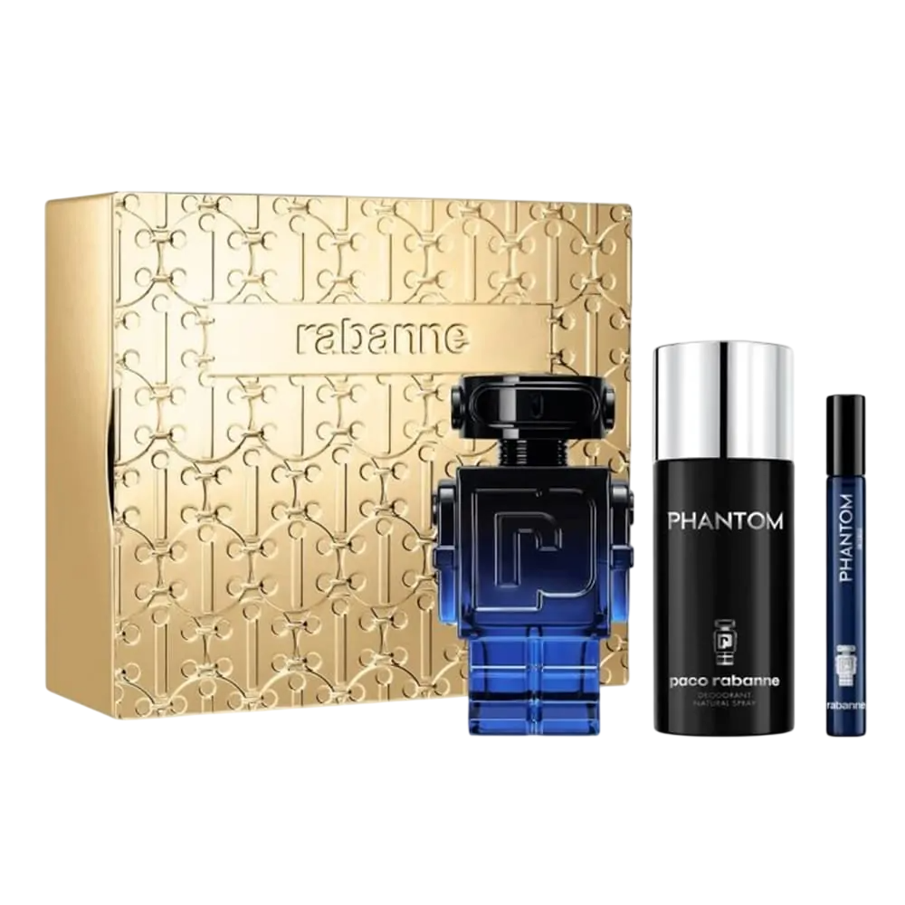 Set Paco Rabanne: 
Phantom Intens, Eau de parfum, pentru bărbați, Refillable, 100 ml
+ Phantom Intens, Eau de parfum, pentru bărbați, 10 ml
+ Phantom Intens, Spray deodorant, pentru bărbați, 150 ml