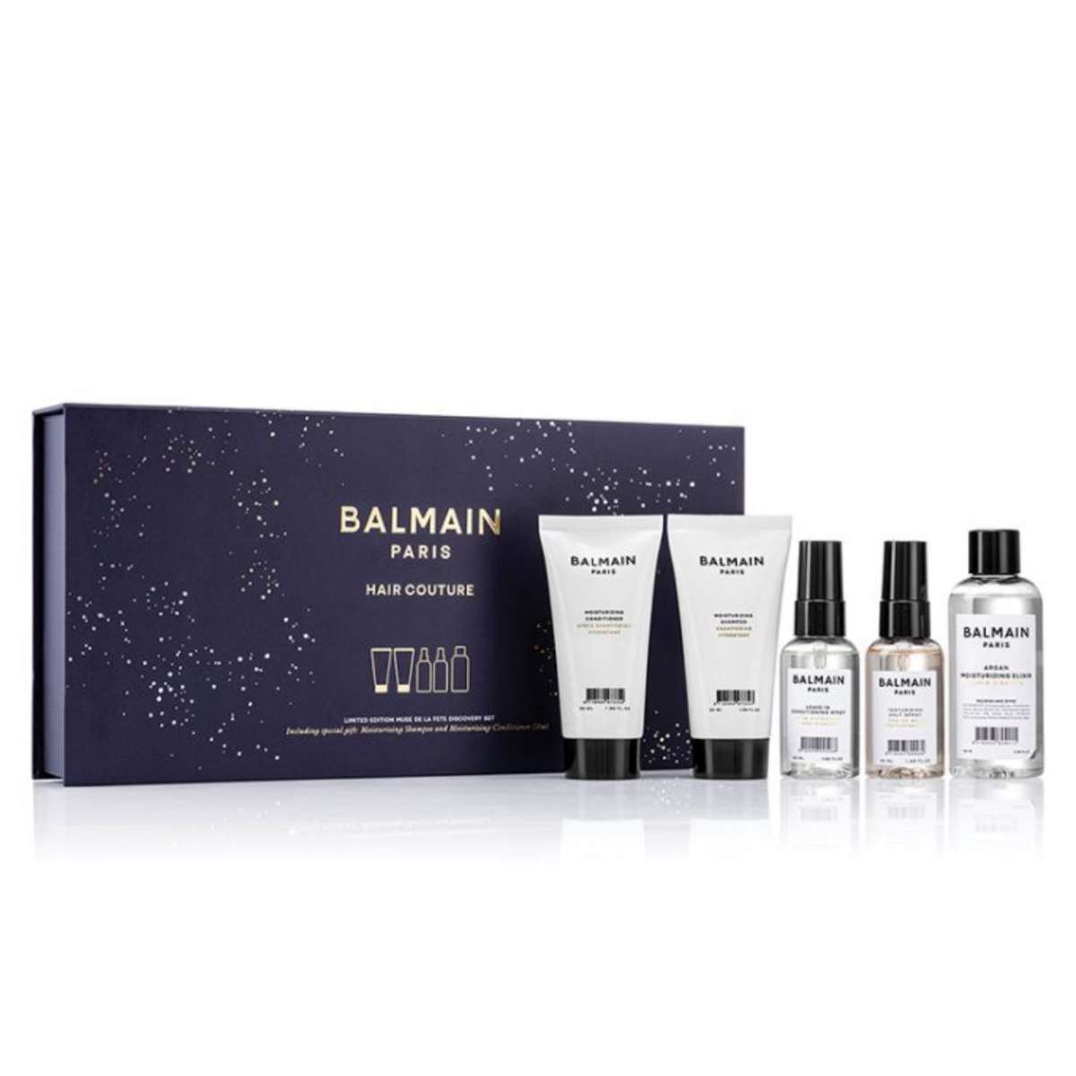 Setul Balmain Professionnel: 
* Set de îngrijire a părului cu hidratare
	+ Spălarea capului pentru hidratare, 50 ml
	+ Condiiționerul părului cu hidratare, 50 ml
	+ Spray-ul sării Balmain Professionnel, Pentru definire și textură, Ușor de menținut, 50 ml
* Elixirul Argan pentru îngrijirea părului 
	+ Unguentul capilar cu argan, Pentru nut
