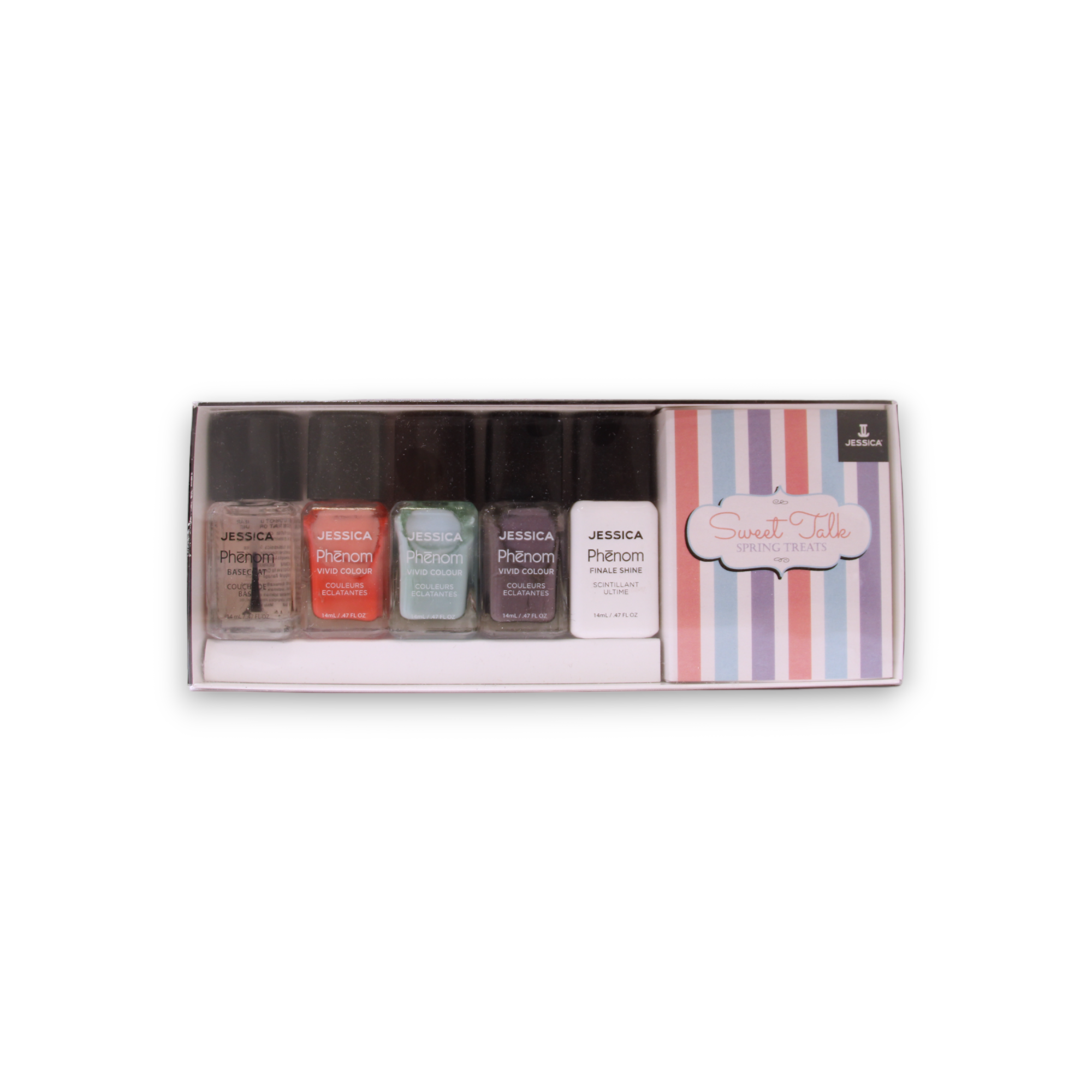 Sweet Talk Set Jessica: Phenom Vivid Colour, Nail Polish, PHEN-079, U Had Me At Hello, 14 ml + Phenom Vivid Colour, Nail Polish, PHEN-080, Smooth Talker, 14 ml + Phenom Vivid Colour, Top Coat, Nail Polish, PHEN-000, Finale Shine, 15 ml + Phenom Vivid Colour, Nail Polish, PHEN-081, Tell Me More, 14 ml + Phenom Vivid Colour, Base Coat, Nail Polish, Finale Shine, 15 ml