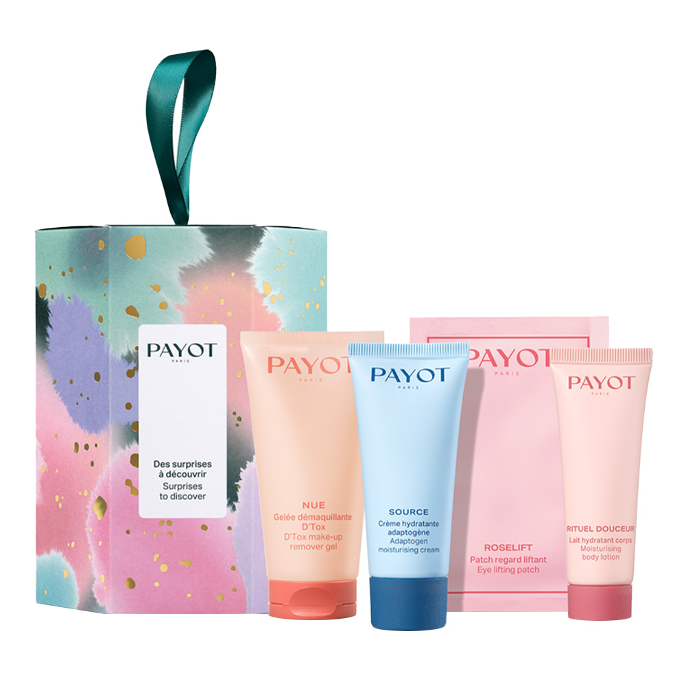 Set Payot: Nue, Gel de îndepărtare a machiajului, 50 ml + Source Adaptogen, Hidratant, Creme pentru față, 30 ml + Rituel Douceur, Îngrasa corpul, Lotion corporală, Corp, 25 ml + Roselift, Ridicarea, Patch de ochi, 2 buc., 2 g