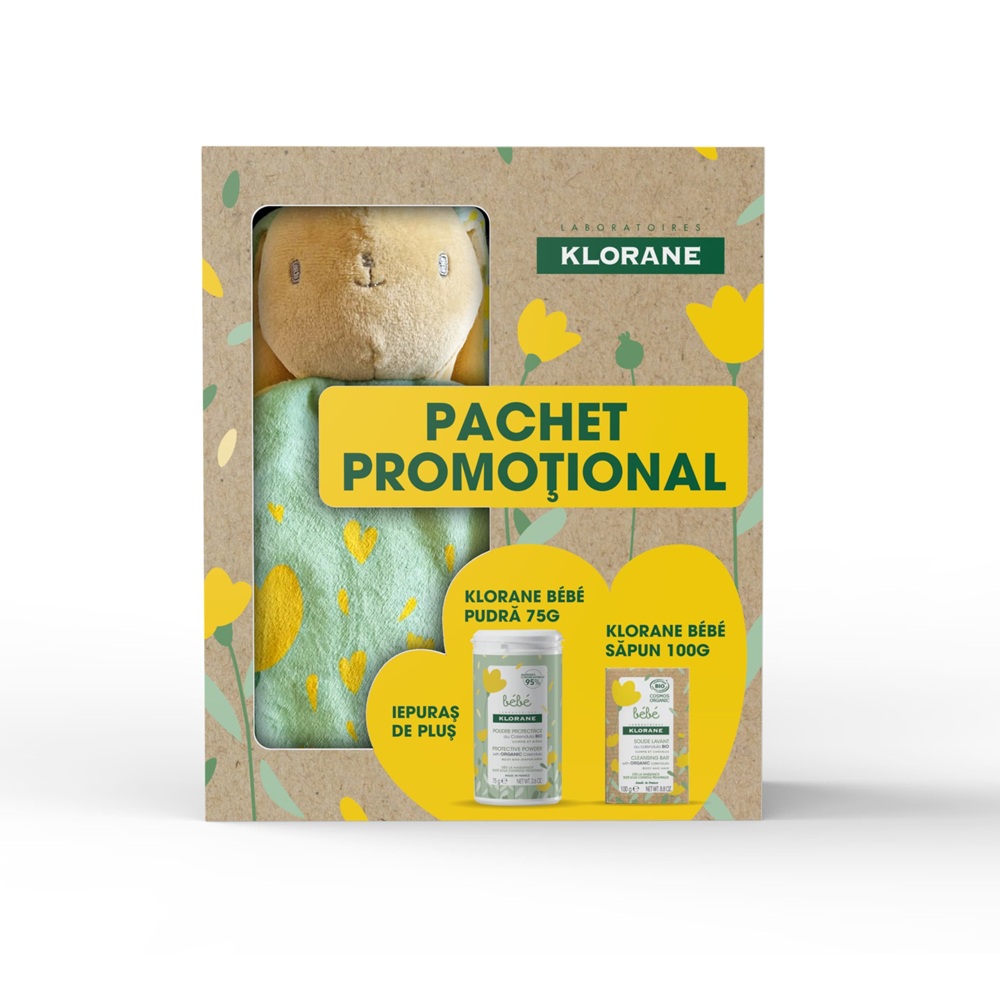 Set Klorane: Baby, Protective, Body Powder, 75 g + Baby, Vegan, Soothes, Soap Bar, For Hair & Body, 100 g + Bunny, Collectible Plush Toy