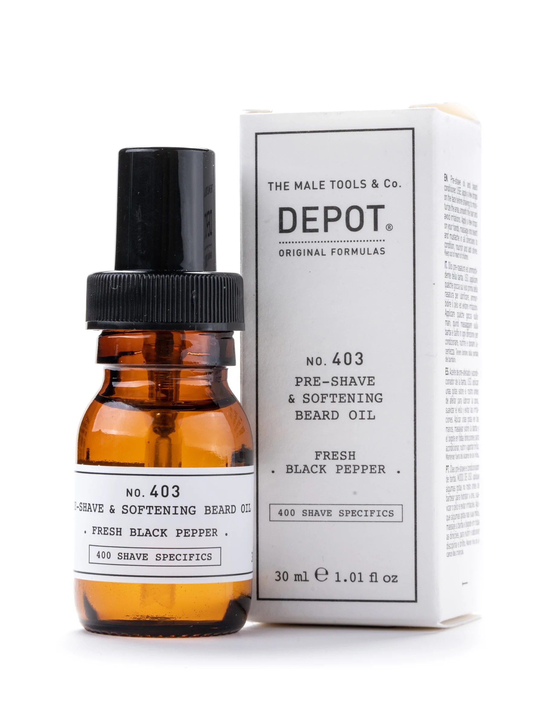 Depozit, 400 Detalii privind rasurarea nr. 403, Piper negru proaspăt, Ușorifiant, ulei de pre-rasare, 30 ml