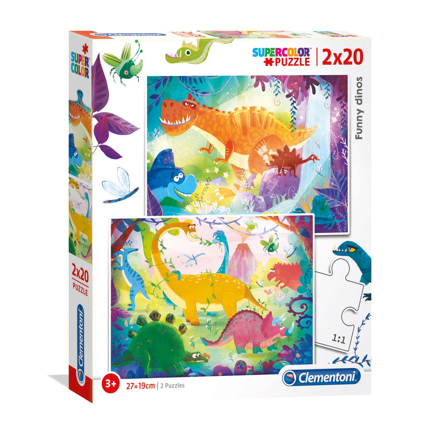 Duo Seti, Clementoni, Supercolor, Komik Dinozorlar, Puzzol, Cinsiyetsiz, 3+ yıl, 2 x 20 parça.