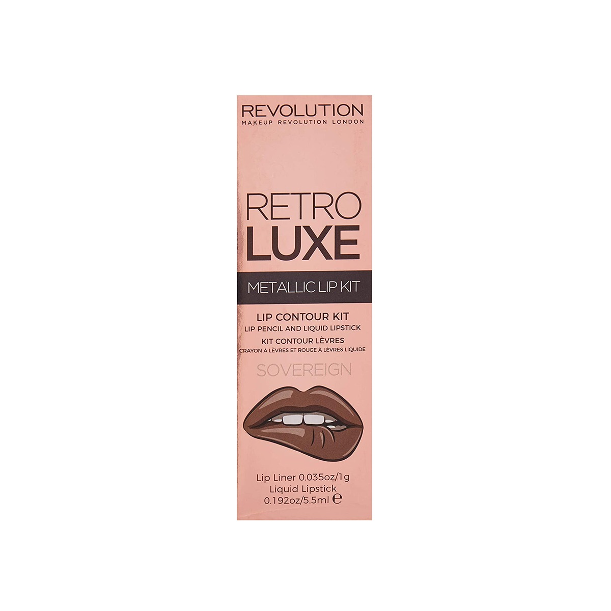 Set Makeup Revolution: Retro Luxe, Metallic, Liquid Lipstick, Sovereign, 5.5 ml + Retro Luxe, Lip Liner, Sovereign, 1 g