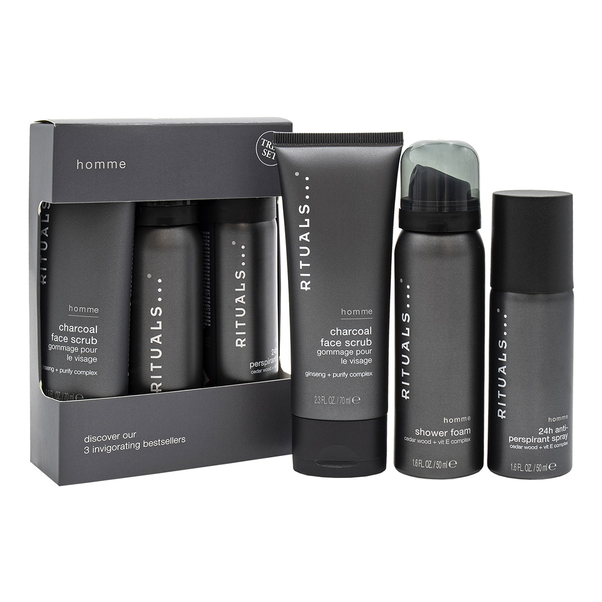 Set Rituals: Homme, Charcoal, Eliminates Impurities, Cleansing Scrub, For Face, 70 g + Homme, 24h Protection, Deodorant Spray, For Men, 50 ml + Homme, Cedar Wood + Vitamin E Complex, Shower Mousse, 50 ml