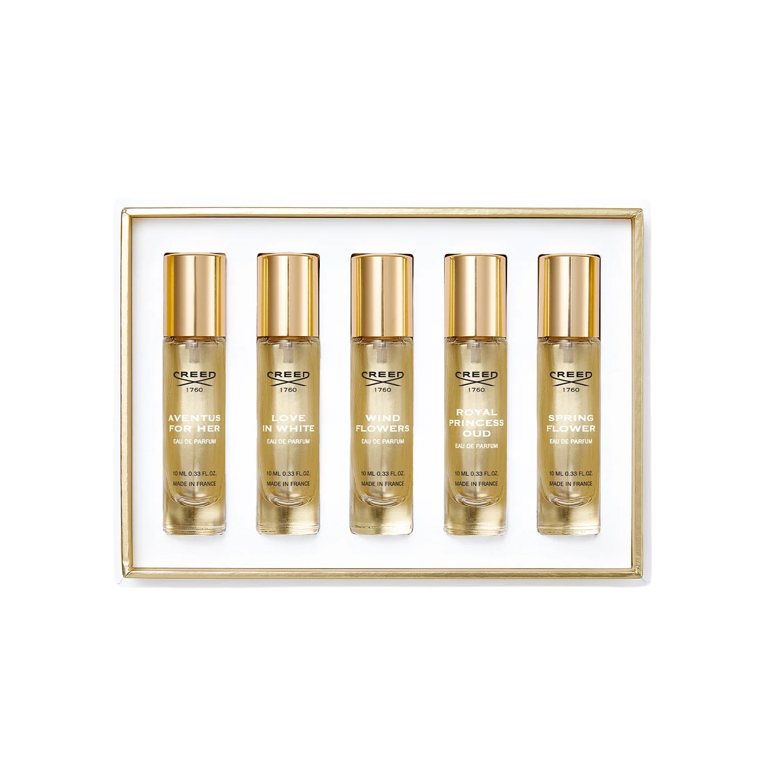 Set Creed: Aventus, Eau de parfum, Pentru femei, 10 ml + Love in White, Eau de parfum, Pentru femei, 10 ml + Wind Flowers, Eau de parfum, Pentru femei, 10 ml + Royal Princess Oud, Eau de parfum, Pentru femei, 10 ml + Spring Flower, Eau de parfum, Pentru femei, 10 ml