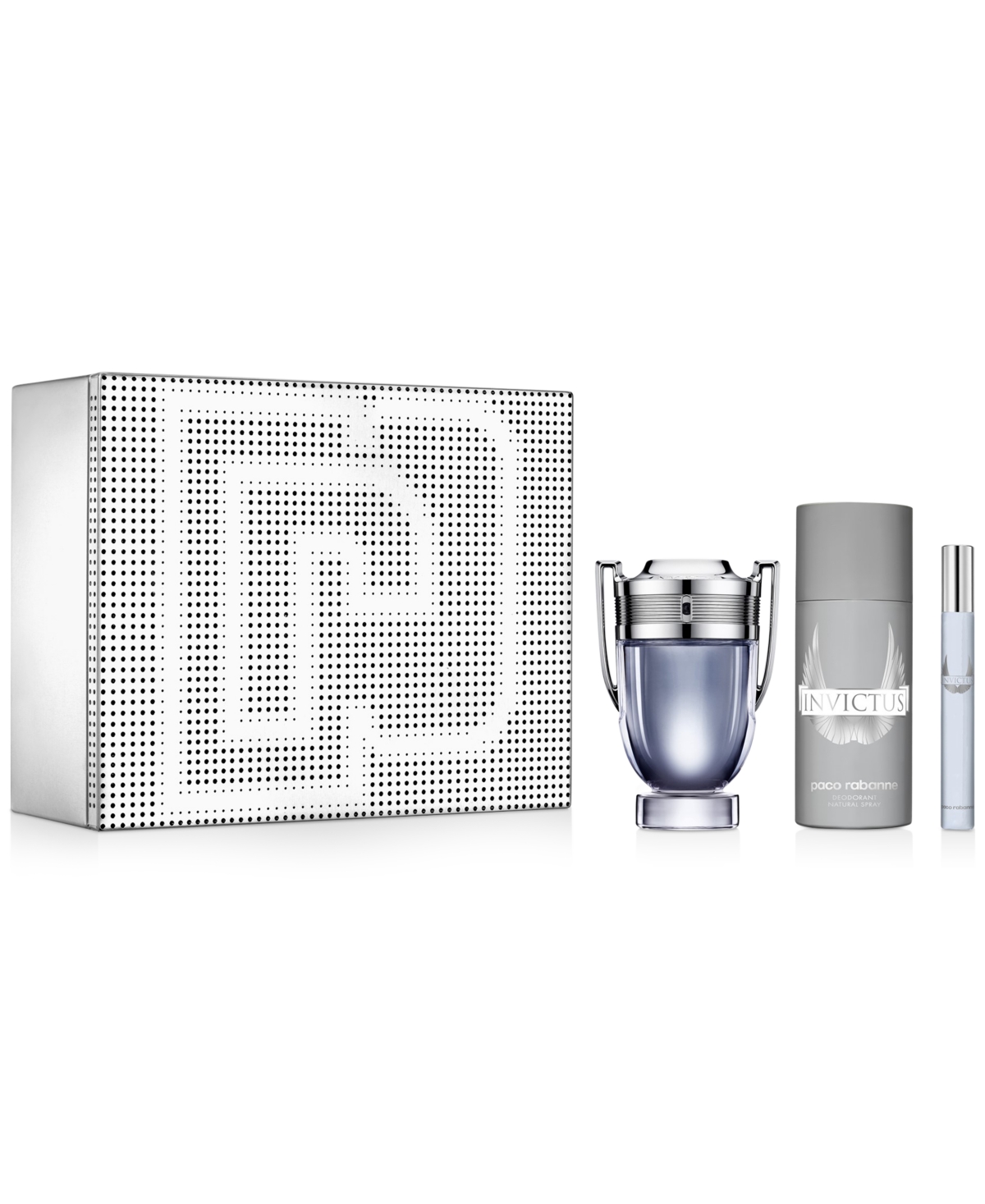 Paco Rabanne: Invictus, Sprăi de deodorant, Pentru bărbați, 150 ml + Invictus, Parfum pentru femei (Eau De Toilette), Pentru bărbați, 100 ml + Invictus, Eau De Toilette, Pentru bărbații, 10 ml