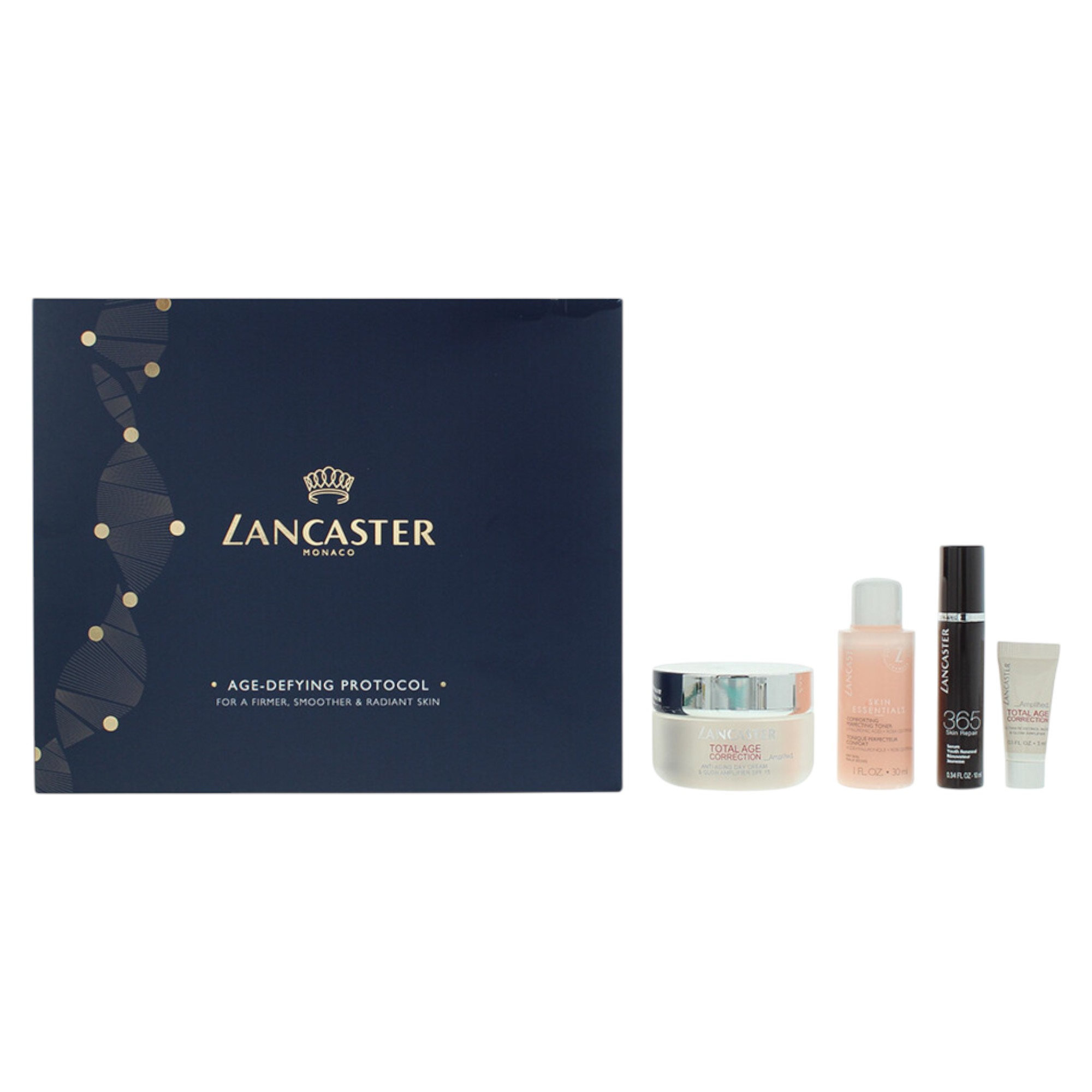 Set Lancaster: Skin Essentials, Hidratare, Toner de curățare a pielii, 30 ml + Corecție totală la vârsta, Împotriva îmbătrânirii, Zi, Creme pentru față, Protecția solară SPF 15, 50 ml + Corecție totală la vârsta, Egalizează pielea, Serum, Pentru față, 3 ml + Corecție totală la vârsta, Împotriva îmbătrânirii, Serum,
