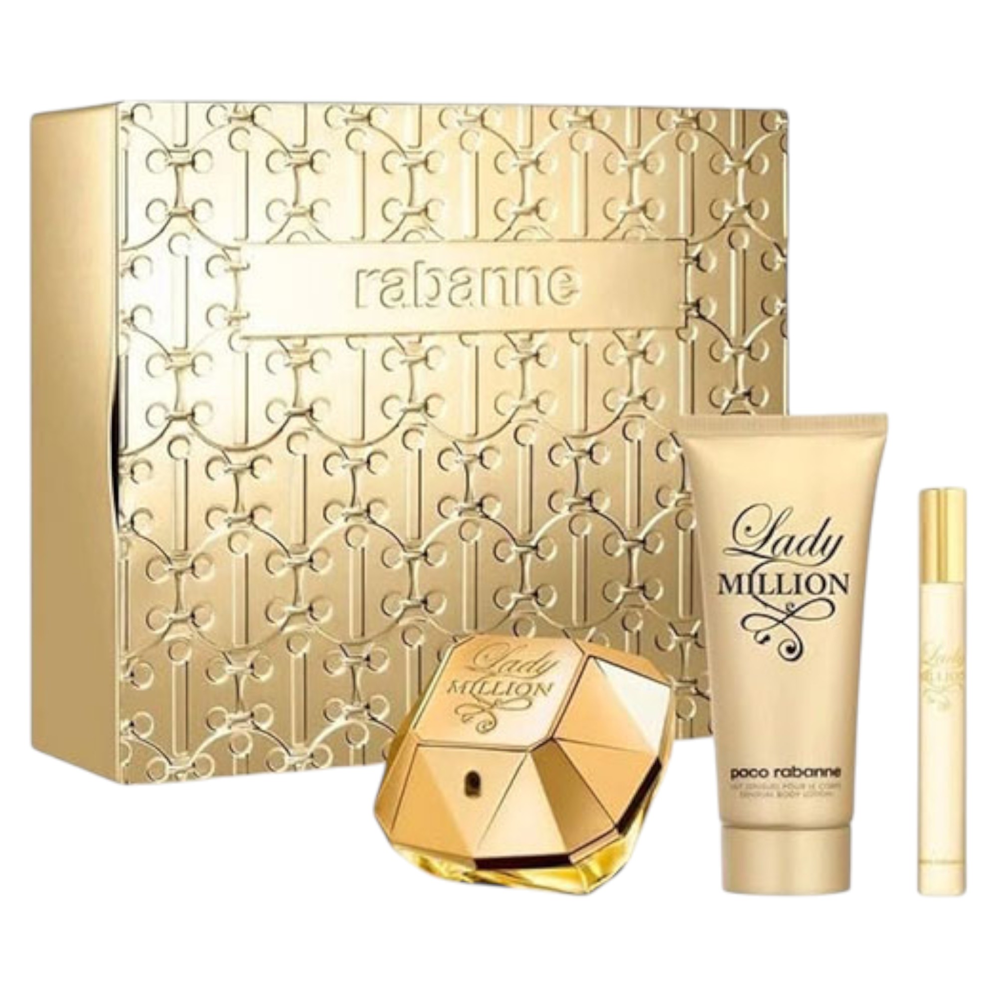 Set Paco Rabanne: 
Lady Million, Eau de Parfum pentru Femei, 80 ml
+ Lady Million, Eau De Parfum pentru Femei, 5 ml *
Miniatură +
Lady Million, Hydrate,
*Niciunul*, Body Lotion, 100 ml